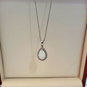 SOLD! P14. Italian 925 Sterling Silver Fire Opal Halo w Cubic Zirconias Necklace